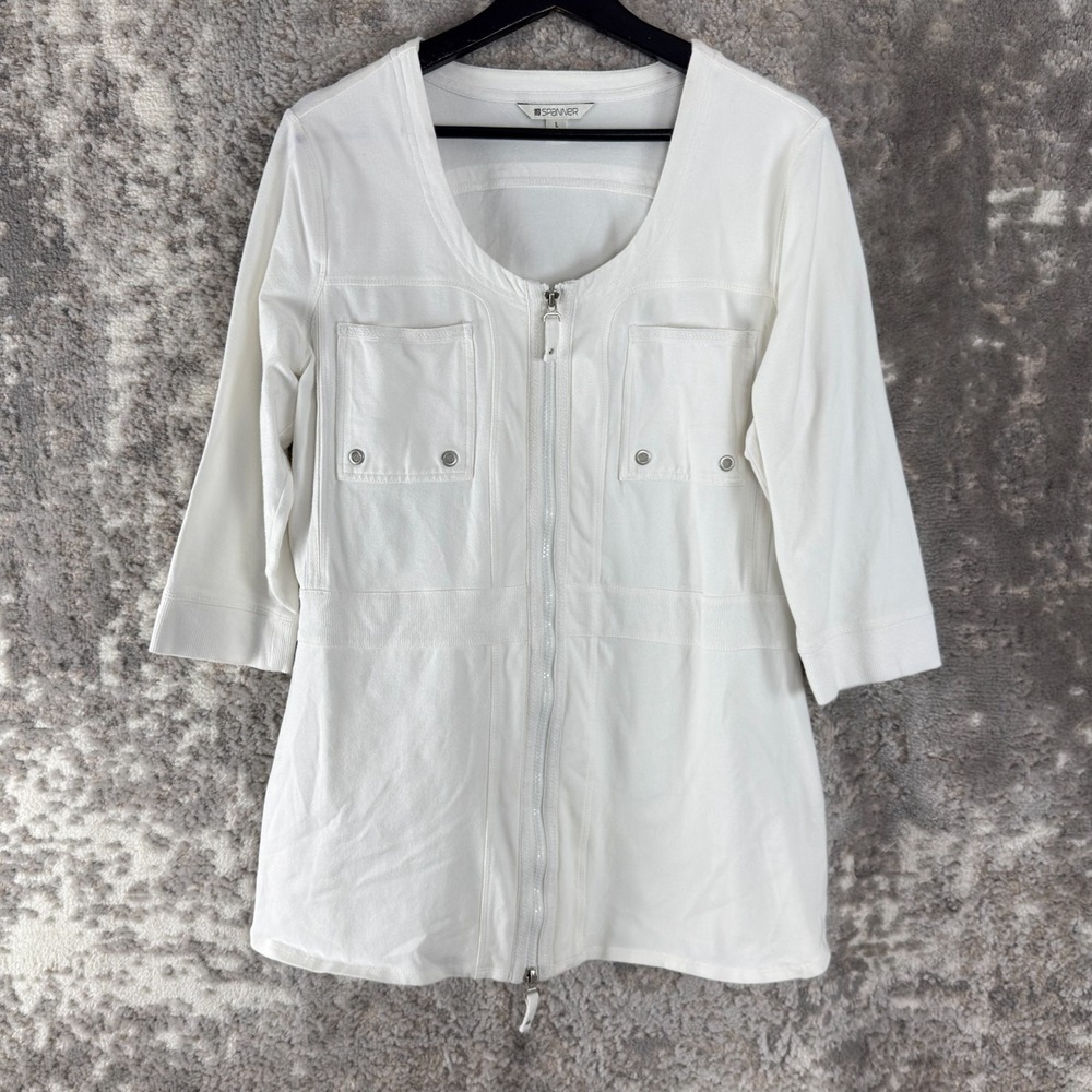 Spanner Size L Minimalist Scoop Neck Full Zip‎ Jacket 3/4 Sleeve White